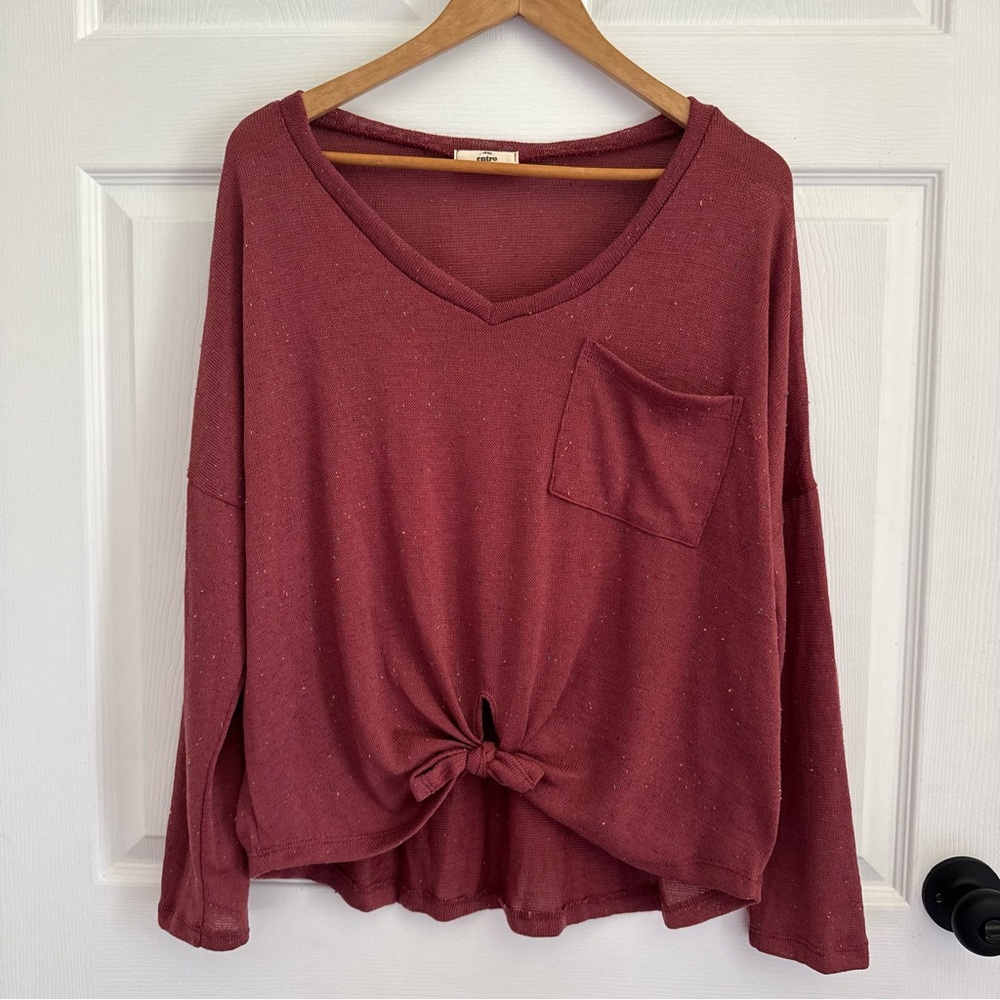 Entro Knit Long Sleeve Top Women’s Small Red V-Neck Tie Front Pocket
